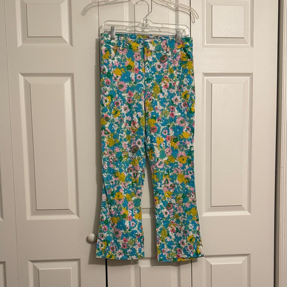 Zara Floral Linen Blend Kick Crop Pants Women’s size 02 Summer Spring Resort K1